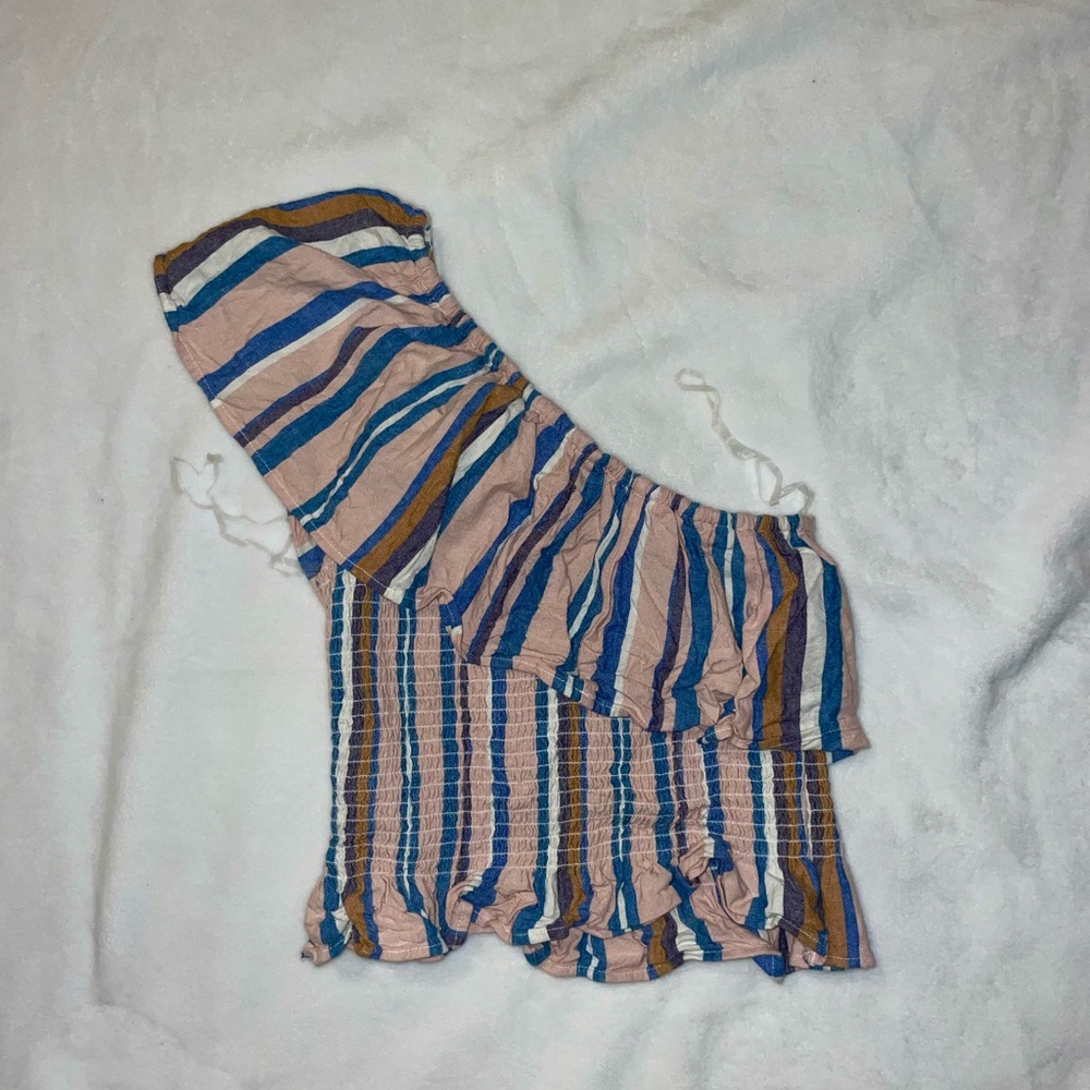American Eagle Pink Blue Yellow One Shoulder Ruffle Cinch Top Peplum Summer